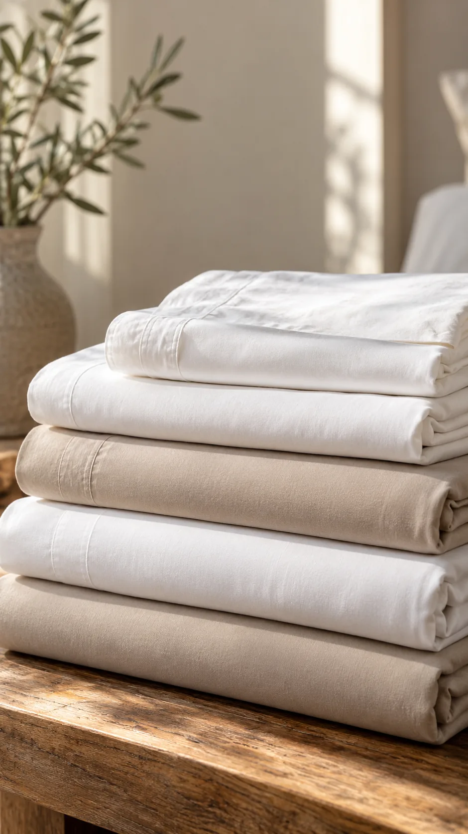 Juegos de sábanas blancos y beige doblados y apilados sobre una mesa de madera