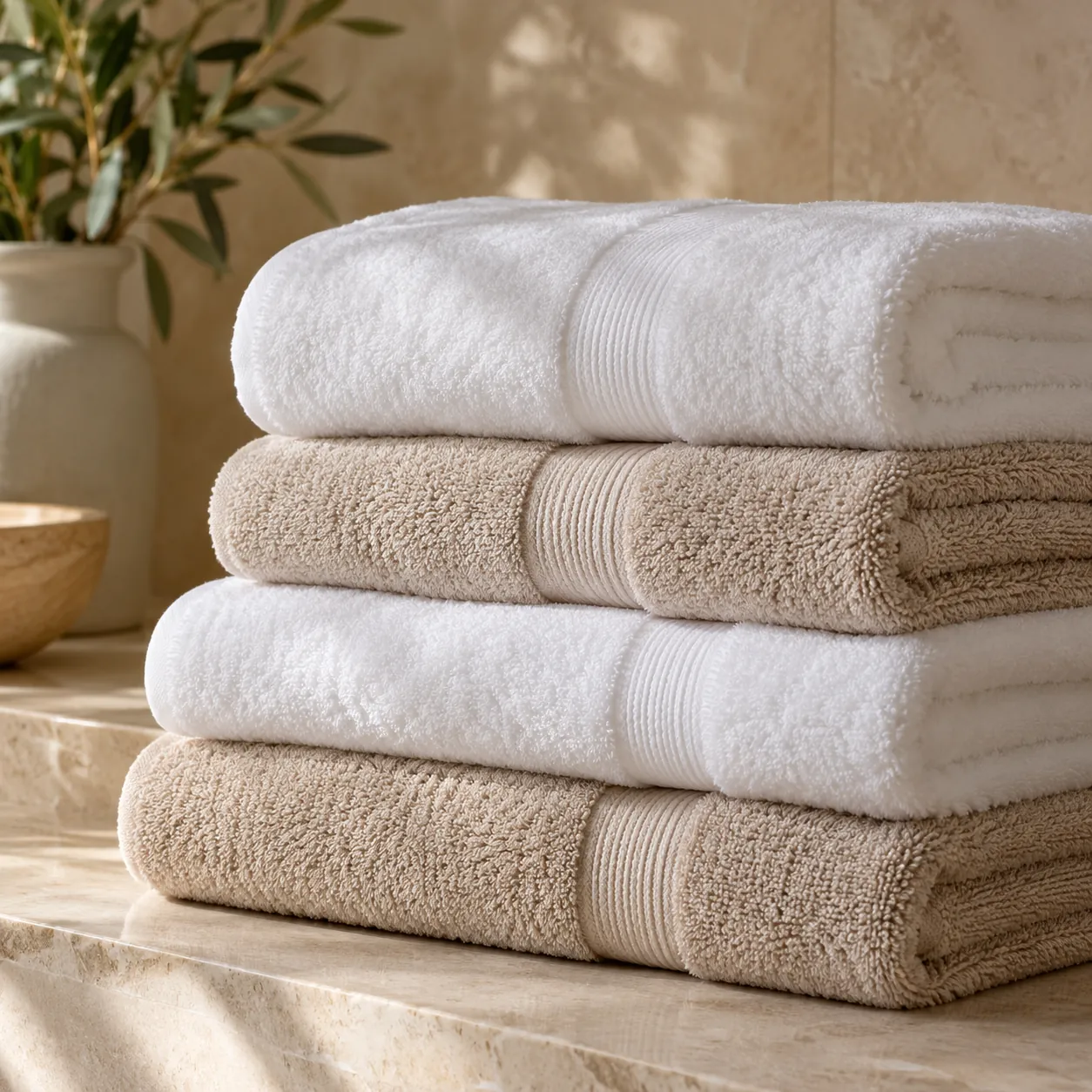 Toallas y toallones blancos y beige apilados en un baño con plantas